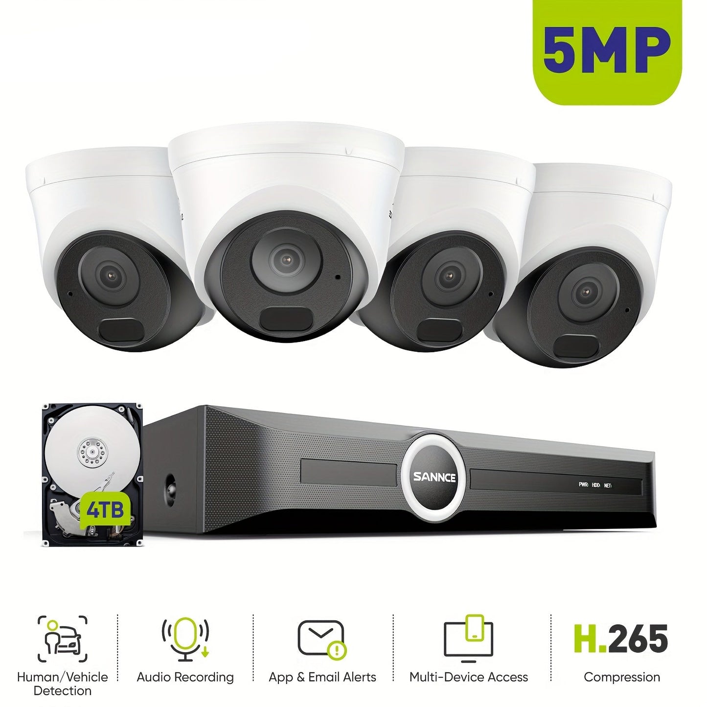 5MP Beveiligingsset – IP Camera Systeem – CCTV Set – Nachtzicht Camera’s – 4TB HDD Variant – 30 Meter Nachtzicht – Directe Bewegingsmeldingen