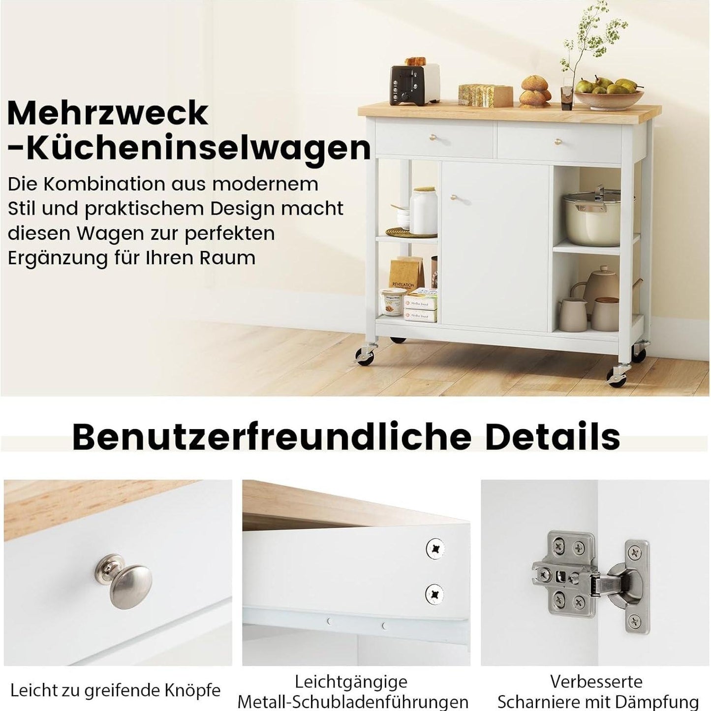 Keukenwagen – Keukentrolley – Serveerwagen – Opberkwagen – Verrijdbare Kast – Ruim Werkblad Rubberwood – 4 Zwenkwielen Met Remmen – Wit
