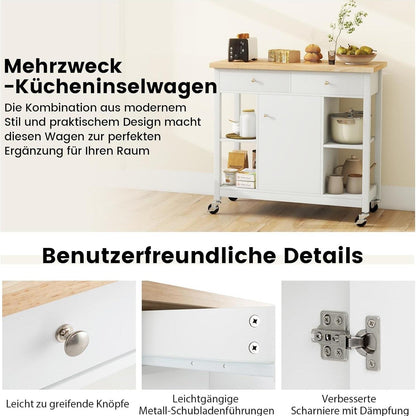 Keukenwagen – Keukentrolley – Serveerwagen – Opberkwagen – Verrijdbare Kast – Ruim Werkblad Rubberwood – 4 Zwenkwielen Met Remmen – Wit