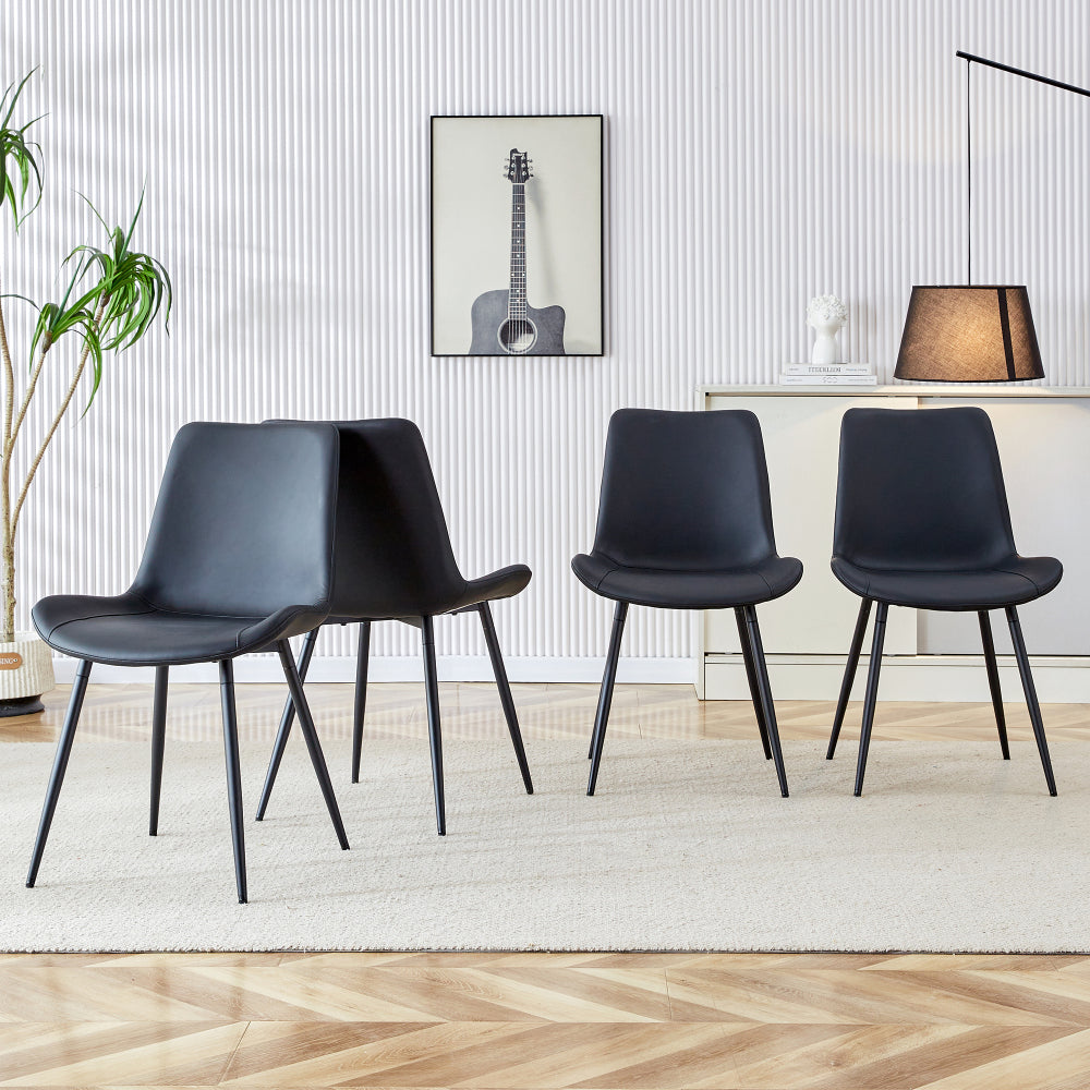 A four-piece modern dining set featuring black upholstery and a metal frame, with generously proportioned seats and backrests. Ideal for dining rooms, home offices and various living areas.