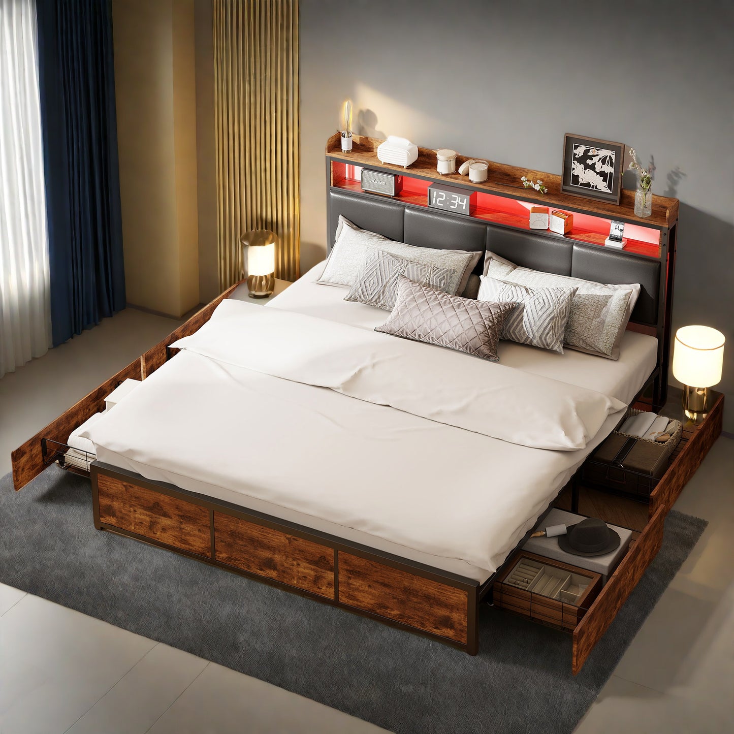 Queen Size Bed – Tweepersoonsbed – Led Bed – Kunstleer Bed – Opbergladens Bed – 180x200 Cm – Verstelbare Hoofdbord – Ingebouwde USB & LED-Verlichting