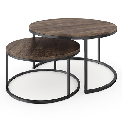 Salontafelset – Koffietafel – Bijzettafel – Nesting Tafels – Ronde Tafel – Retro Stijl – Metaal & Houtlook – Set van 2 - 70 & 50 cm