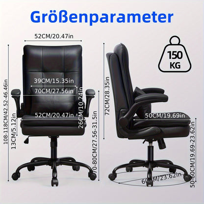 Bureaustoel – Ergonomische Stoel – Office Chair – Gamingstoel – Computerstoel – Dubbel Gevuld Rugkussen – Verstelbare Opklapbare Armleuningen – Draaifunctie & Kantelfunctie – Max 150 kg – Zwart
