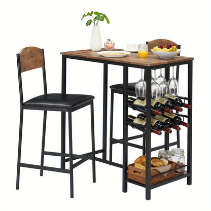 2-in-1 Counter Height Bar Table Set with Storage Shelf & Wine Rack - Space-Saving 3pcs Modern Dining Table with Cup Holders, Foldable Design