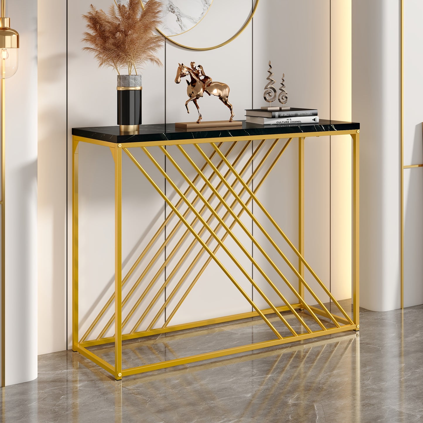 Sidetable – Consoletafel – Wandtafel – Haltafel – Dressoir – Zwart met Gouden Accenten – Hoogglans MDF – 99 cm Breed – Stevig en Eenvoudig te Monteren