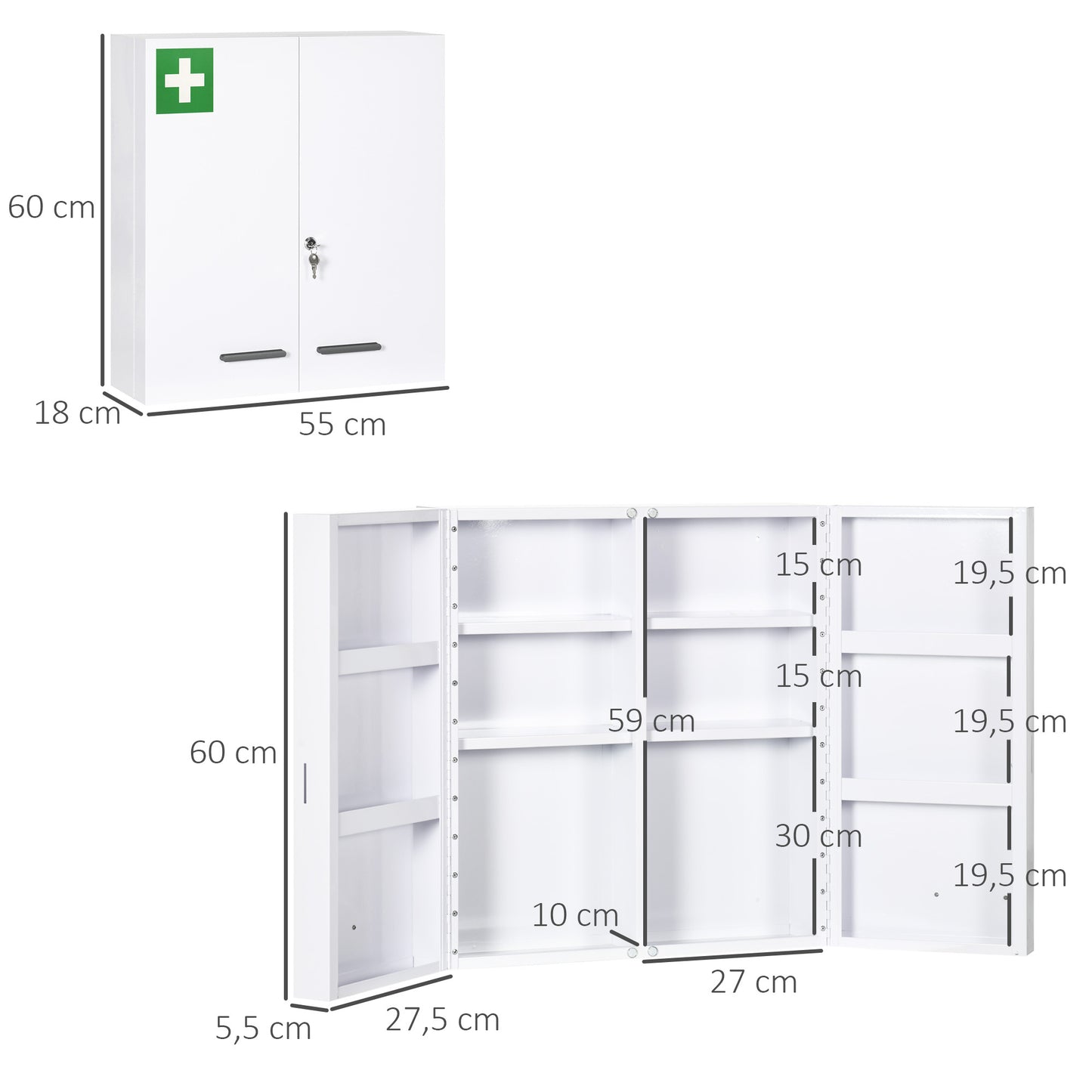 Medicijnkastje – Apothekerskast – Badkamerkast – Medicatiekast – Opbergkast – Met Slot en 2 Sleutels – Staal – 55x18x60 cm – Wandmontage – Kindveilig