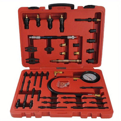 Compressietester – Drukmeter – Motorcompressietester – Cilinderdruktester – Testset – Geschikt Voor Benzine En Diesel – Meet Tot 40 BAR / 600 PSI – Inclusief Diverse Adapters – Met Opbergcase – Rood