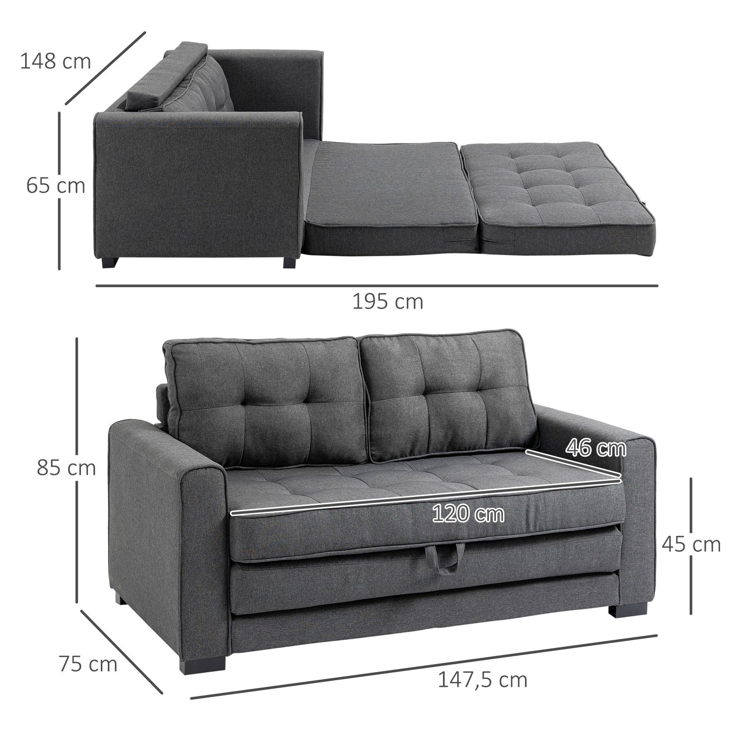 Slaapbank – Bedbank – Logeerbank – Uitklapbank – Tweezitsbank – Stof Met Linnen Look – Massief Rubberhout – 147,5x75x85 cm – Compact En Comfortabel