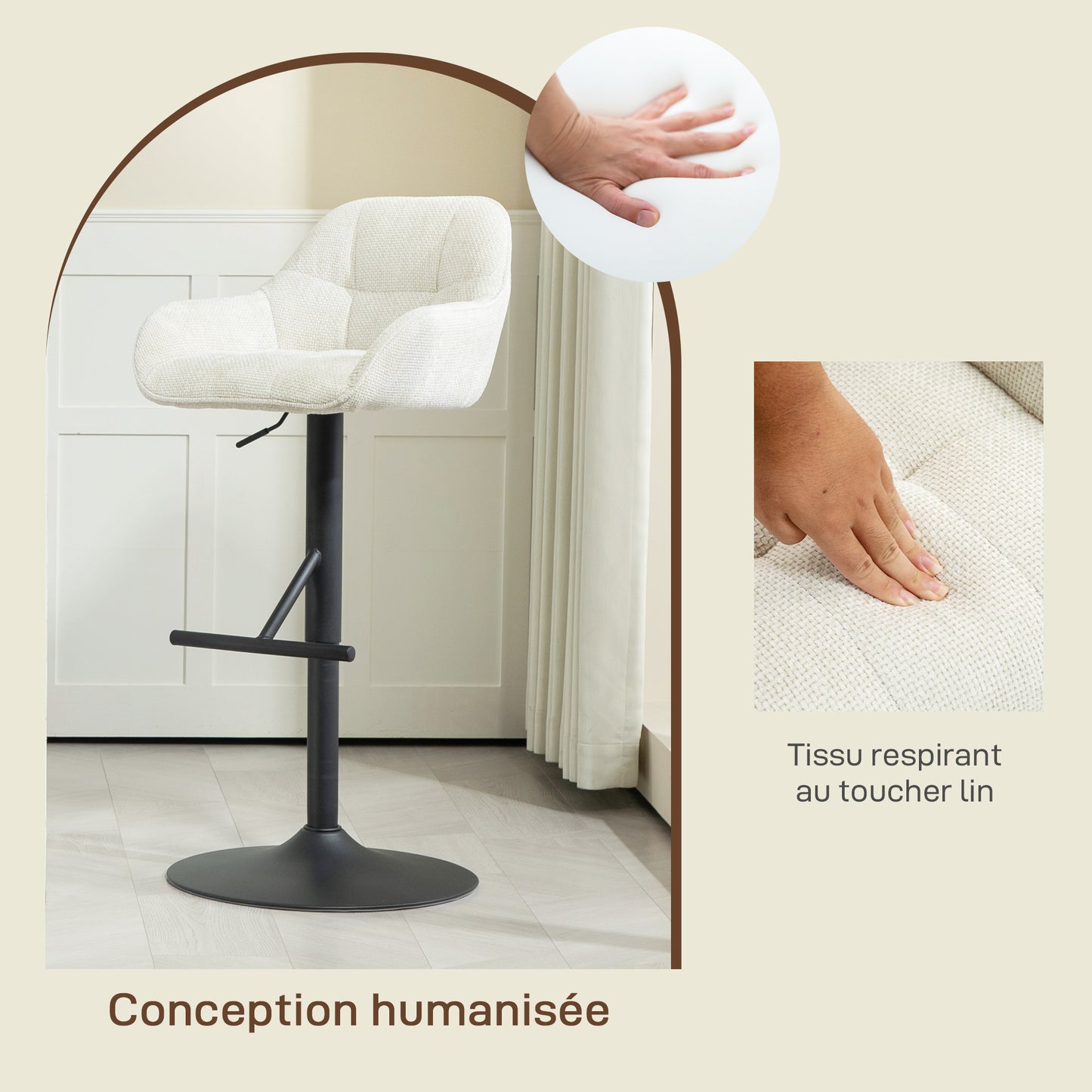 Barstoel – Barkruk – Barstoel Met Rugleuning – Keukenkruk – Stoel Voor Bar – Verstelbare Hoogte – 360° Draaibaar – Linnen Stof – Stalen Onderstel – Crèmekleurig