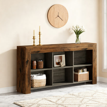 Console tafel – sidetable – haltafel – dressoir – opbergkast – Bruin en zwart – 160 cm lang – 6 open opbergvakken – massief hardhout en geperst hout – smal ontwerp