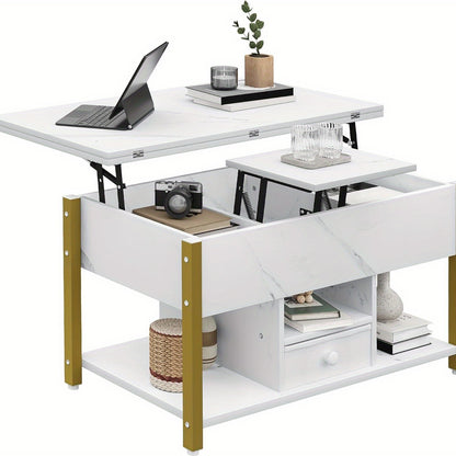 4-in-1 Verhoogbare Salontafel – Bijzettafel – Eettafel – Bureau – Opbergtafel – Wit – Verstelbaar Tafelblad – 2 Opberglades