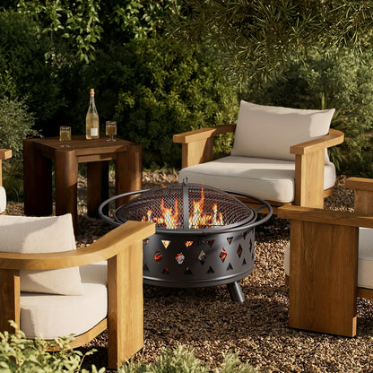 Tuinhaard Buiten – Vuurkorf – Vuurschaal – Openhaard – Terrashaard – Diameter 83 cm – Inclusief Grill en Weerbestendige Cover – Zwart