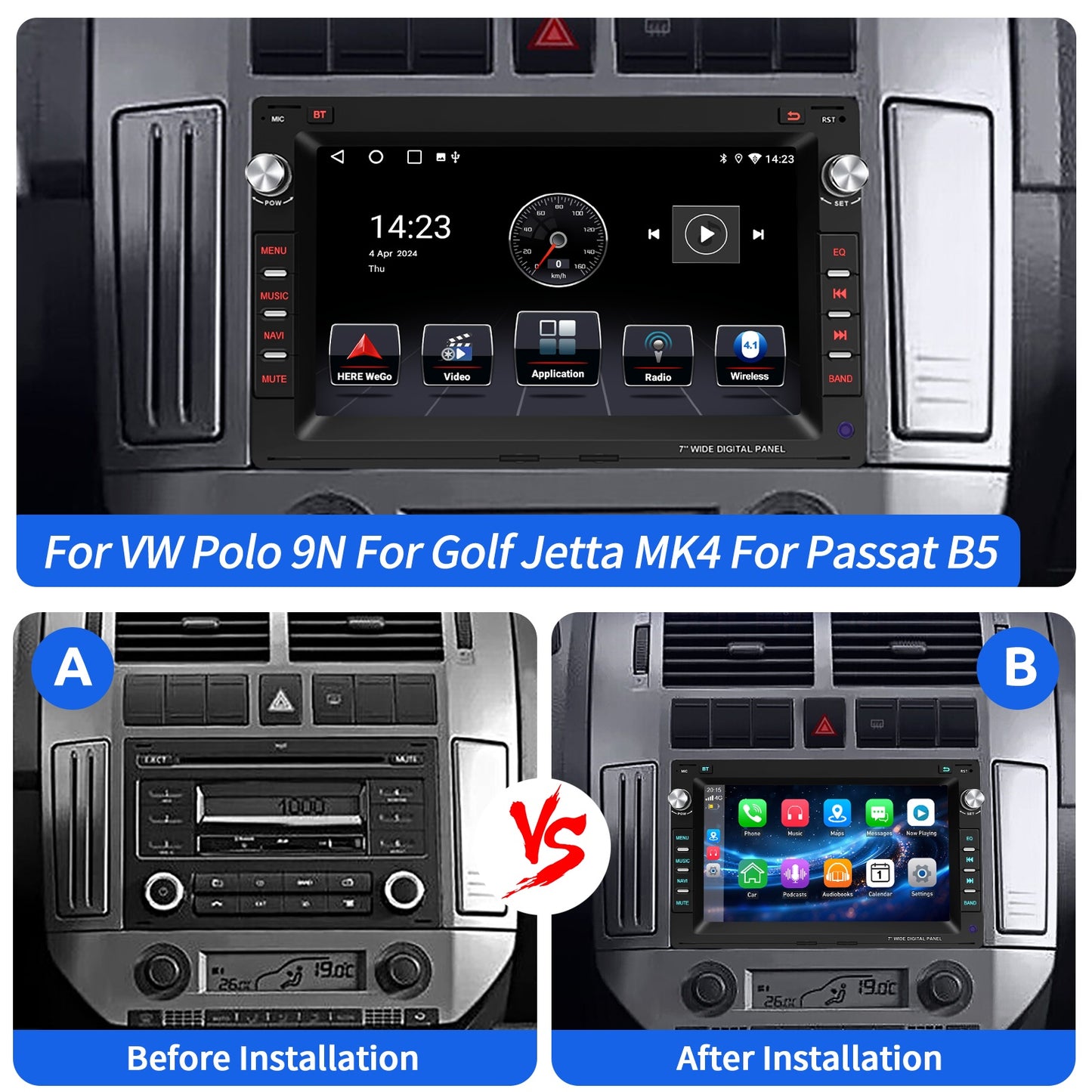 Android 14 Autoradio – Multimedia Speler – Navigatiesysteem – Touchscreen Radio – Bluetooth Headunit – 7 Inch HD Scherm – Draadloze CarPlay & Android Auto – Geschikt Voor VW Golf 4 Passat B5 Sharan