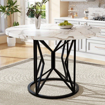 Round Dining Table 100cm/39.37" Marble-Like White & Grey Top with Black Metal Legs - Sturdy Geometric Base, Space-Saving Design for 4-6 People, Classic Modern Kitchen/Dining/Living Room Table, Easy-Clean Surface, No Assembly