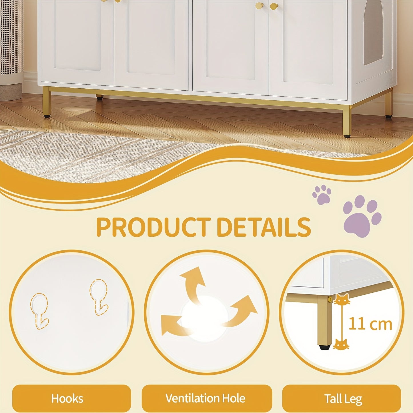 Kattenkast – Kattenmeubel – Kattenbakmeubel – Kattenhuis – Kattenbench – Voor 2 Katten – Verborgen Kattenbak – Wit Goud – Hout – Geschikt Voor Meeste Kattenbakken – 119 cm