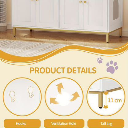 Kattenkast – Kattenmeubel – Kattenbakmeubel – Kattenhuis – Kattenbench – Voor 2 Katten – Verborgen Kattenbak – Wit Goud – Hout – Geschikt Voor Meeste Kattenbakken – 119 cm