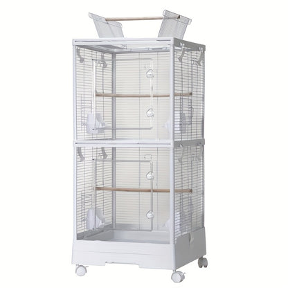 Vogelkast – Vogelkooi – Vogelhuis – Nestkast – Vogelnest – Dubbel Laags – Transparant – 46x46x99 cm – Stevig Synthetisch Staal – Mobiel Op Wieltjes