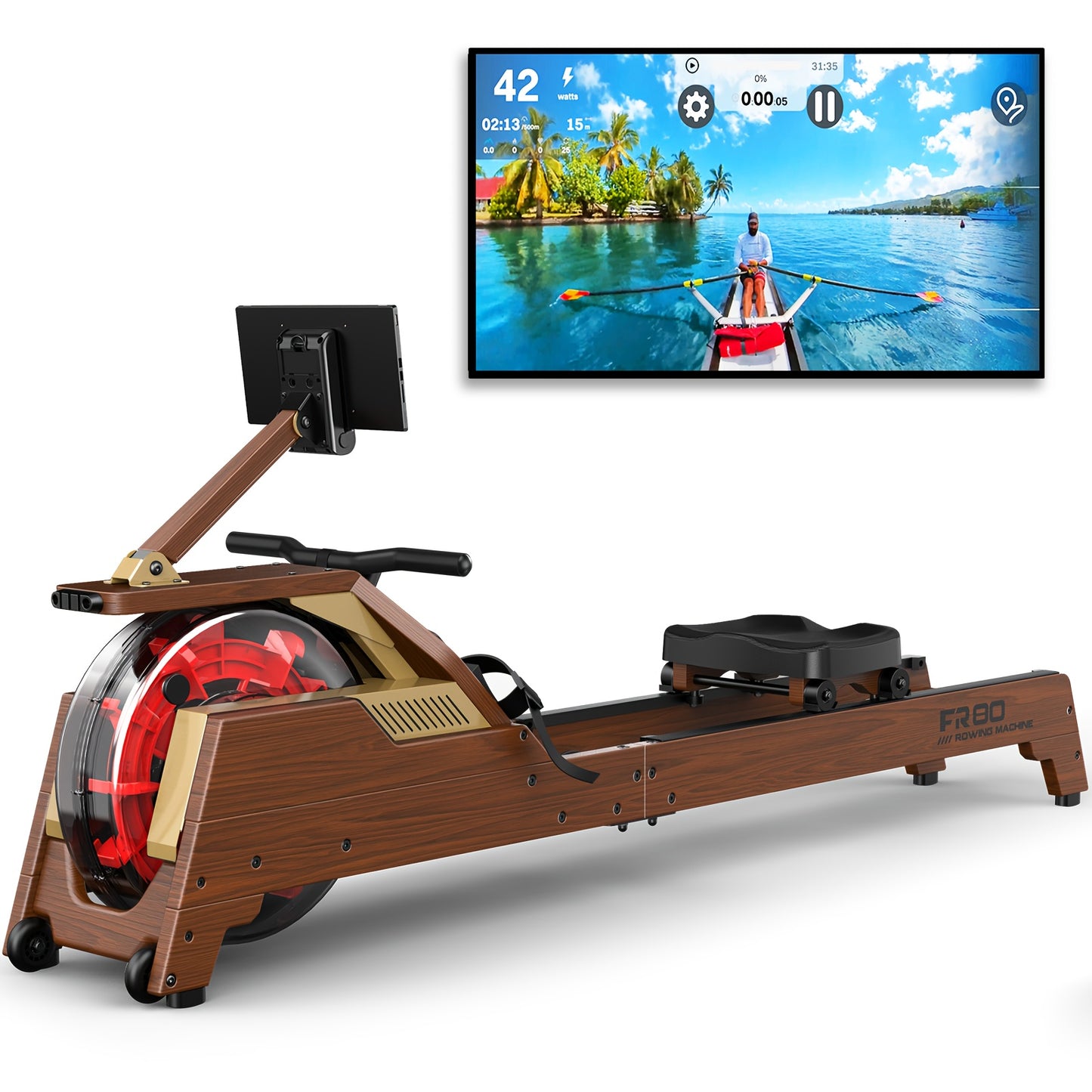 Houten Roeimachine – Waterroeier – Fitnessroeier – Home Gym Roeier – Indoor Roeimachine – 50% Meer Weerstand – Draadloze Monitor – Maximale Lengte 200 cm – Zonder Batterij