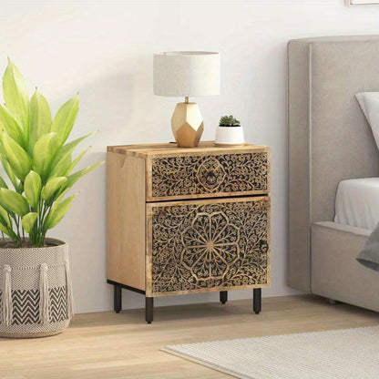Nachtkastje – Bijzettafel – Ladekast – Opbergkast – Nachtkast – Massief Mangohout – Modern Design – Compact 50x33x60 cm – Zwarte en Gouden Deuren