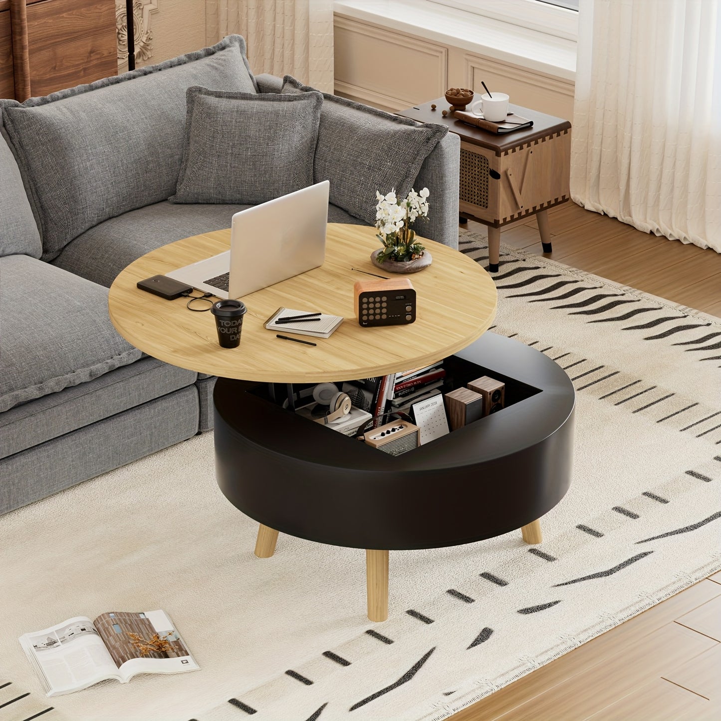 Salontafel – Woonkamertafel – Bijzettafel – Koffietafel – Rond – Verstelbaar Opklapbaar Tafelblad – Verborgen Opbergruimte – Hout en Zwart