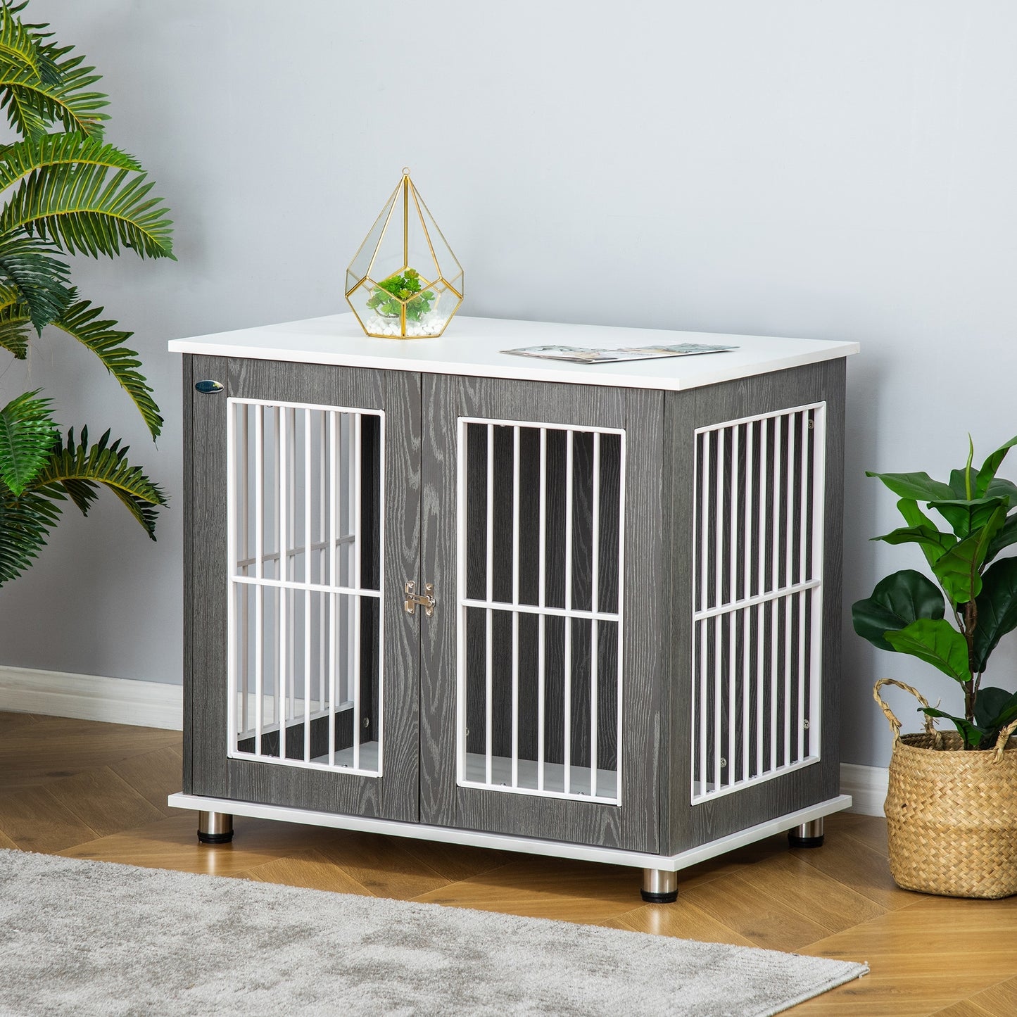 Hondenbench – Hondenkooi – Transportbench – Hondenhok – Dierenbench – Vergrendelbare Hondenbench – Stevig Houten Frame – Verstelbare Voetjes – Grijs-Witte Kleur