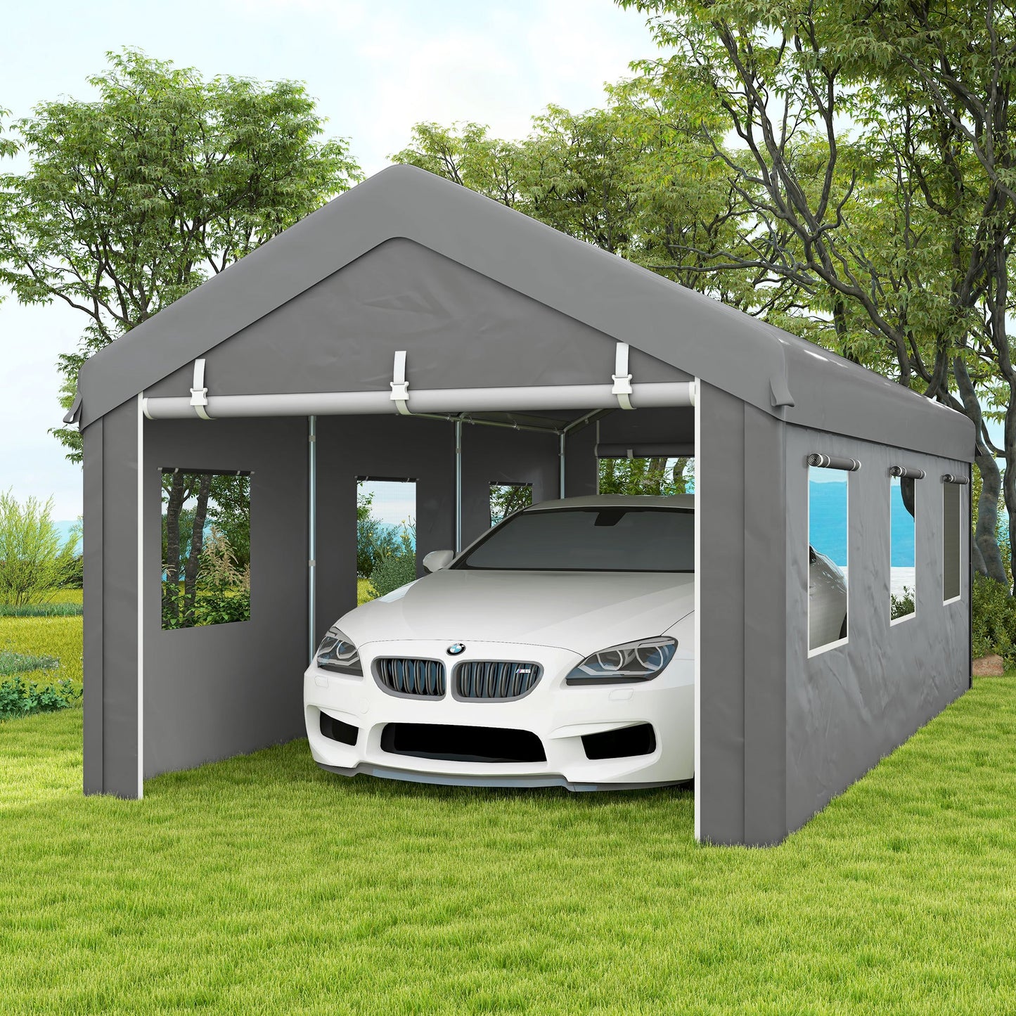 Carport – Overkapping – Auto Schuur – Garage Tent – Voertuig Shelter – Lichtgrijs – Gegalvaniseerd Stalen Frame – Waterdicht PE Zeil 6x2,95x2,78 m