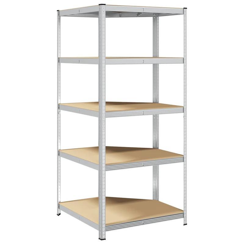 Corner Shelf with 5 Shelves Silver Steel & Wood Material Steel Frame Storage Rack, Garage Storage Rack, Suitable for Living Room, Kitchen, Bathroom, Home, Lobby, Courtyard, Corner Shelves