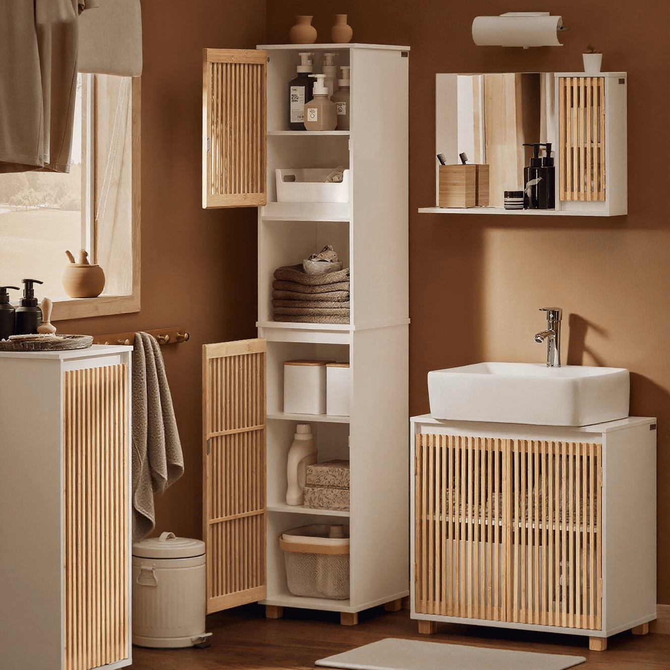 Hoge Badkamerkast – Smalle Opbergkast – Badkamermeubel – Kolomkast – Toiletkast – Vochtbestendig MDF & Bamboe – Anti-Omvalbeveiliging 33x33x165 cm