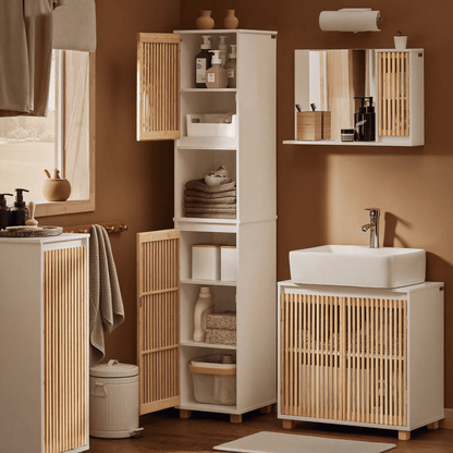 Hoge Badkamerkast – Smalle Opbergkast – Badkamermeubel – Kolomkast – Toiletkast – Vochtbestendig MDF & Bamboe – Anti-Omvalbeveiliging 33x33x165 cm