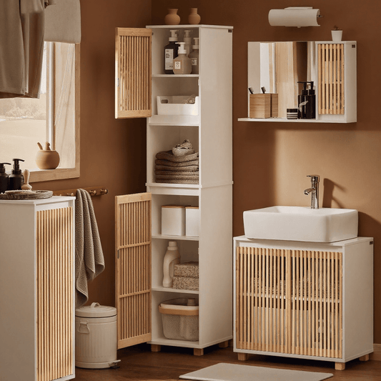 Hoge Badkamerkast – Smalle Opbergkast – Badkamermeubel – Kolomkast – Toiletkast – Vochtbestendig MDF & Bamboe – Anti-Omvalbeveiliging 33x33x165 cm