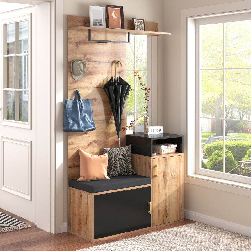 Wandgarderobe – Halmeubel – Schoenenkast – Kapstok – Opbergkast – Zwart MDF Met Houtaccenten – Spiegel – Schoenenbank – Ruimtebesparend Design – 191,5x105x40 cm