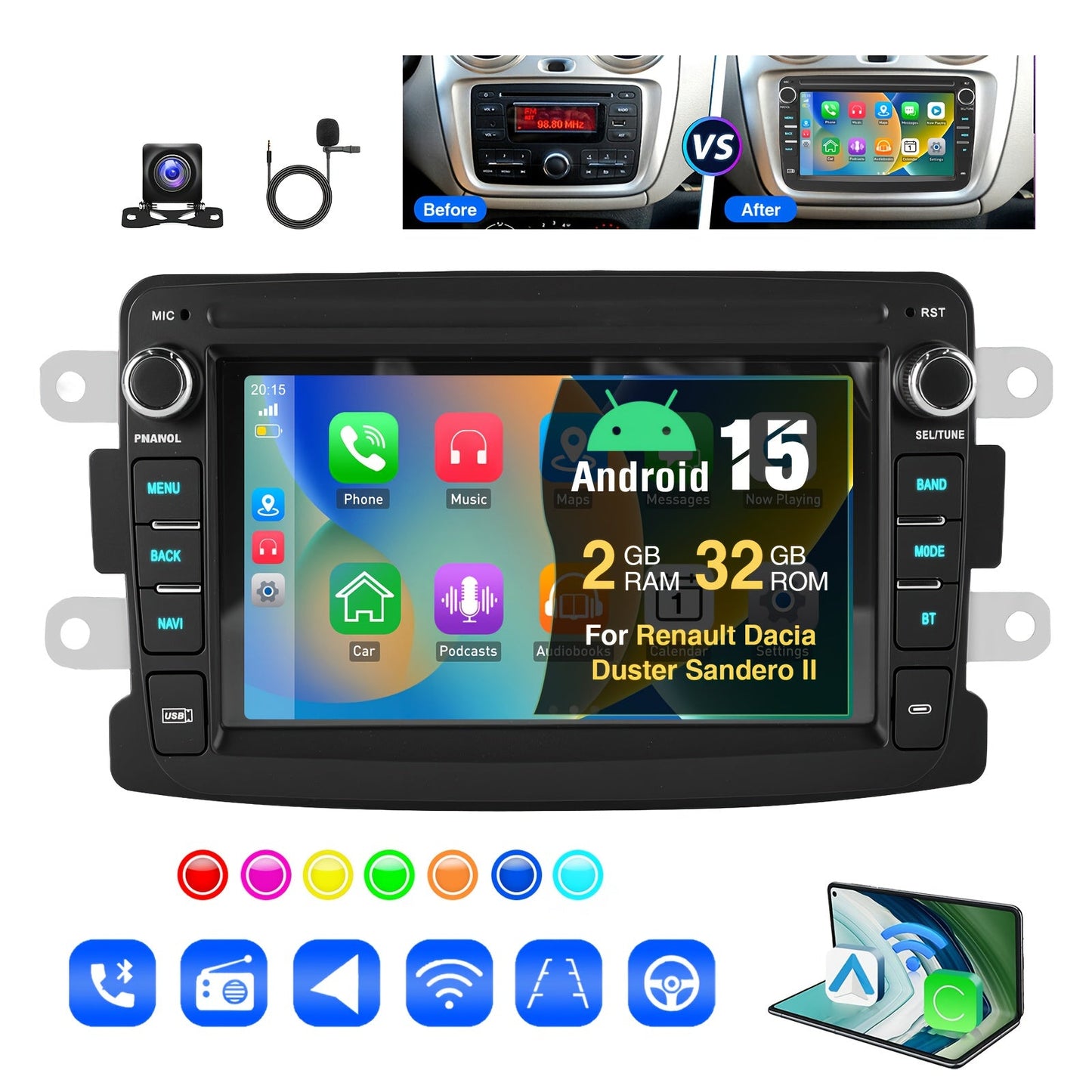 Android Autoradio – Multimedia Speler – Car Stereo – Touchscreen Radio – Navigatiesysteem – 7 Inch HD Scherm – Draadloze CarPlay & Android Auto – Microfoon & AHD Achteruitrijcamera