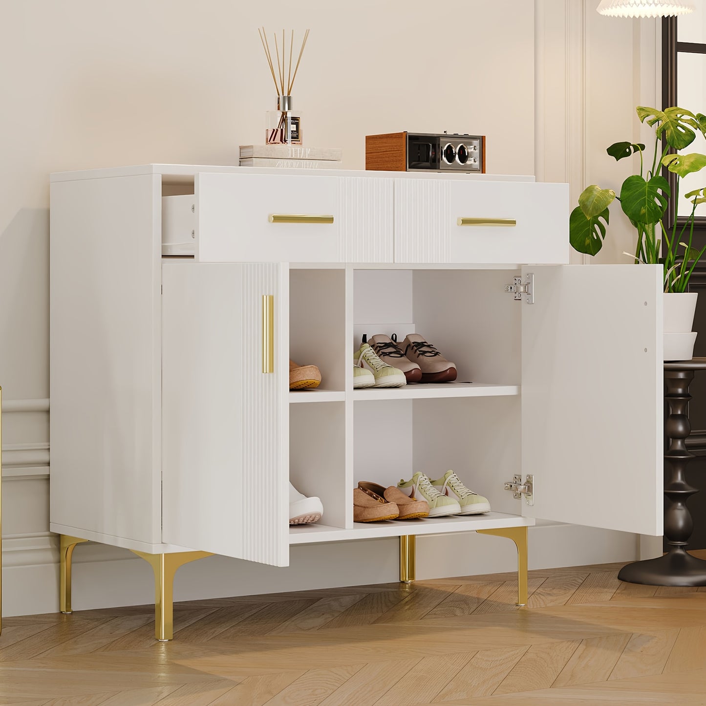 Dressoir – Kast – Sideboard – Ladekast – Opbergmeubel – Wit – Metalen Handgrepen – 80x35x79,5 cm – Twee Deuren en Twee Lades