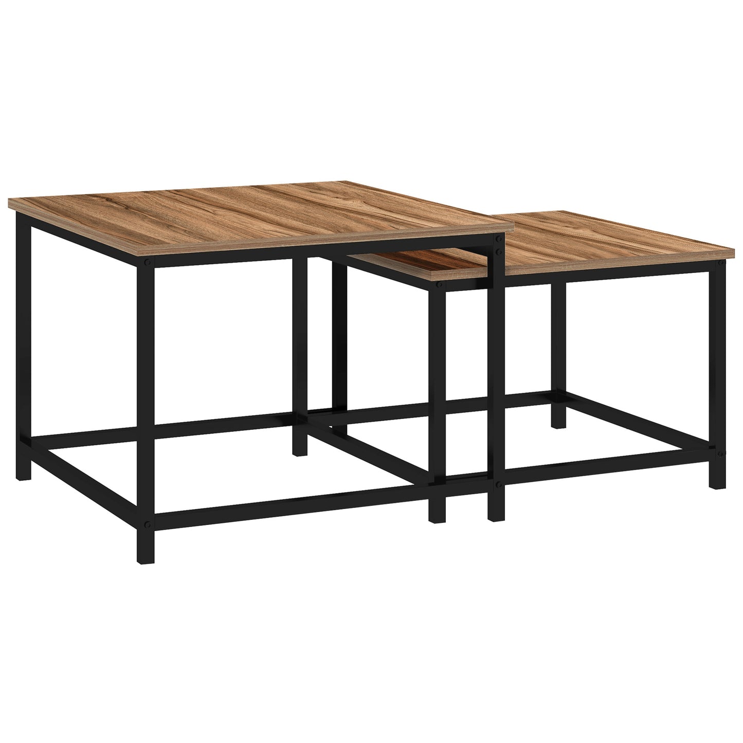 Salontafel Set – Bijzettafel – Koffietafel – Tafeltje – Tafel Duo – Industrieel Design – Zwart Stalen Frame – Houtlook Tafelblad