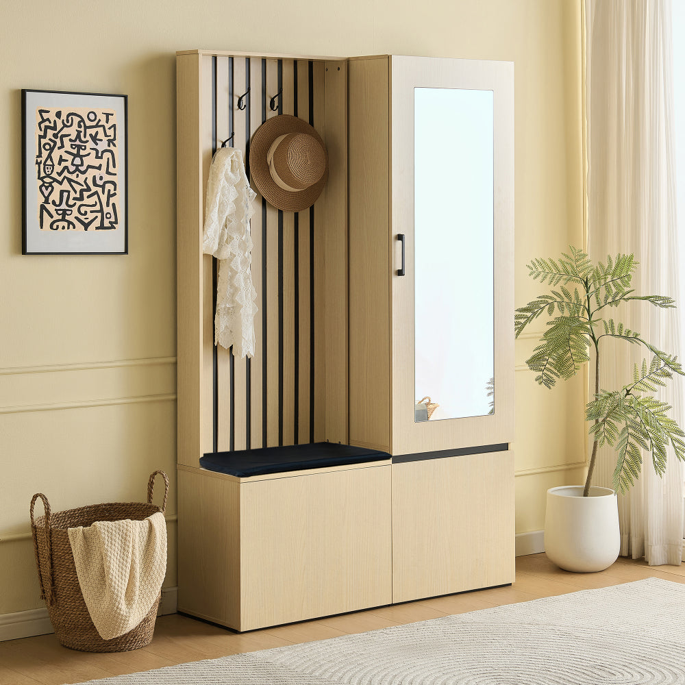 Halmeubel – Kapstok – Schoenenkast – Garderobe – Opbergmeubel – Met Spiegel en Bankje – Uittrekbare Kledingrail en 4 Haken – Ruimtebesparend Design voor Kleine Hal