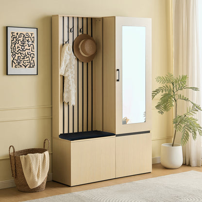 Halmeubel – Kapstok – Schoenenkast – Garderobe – Opbergmeubel – Met Spiegel en Bankje – Uittrekbare Kledingrail en 4 Haken – Ruimtebesparend Design voor Kleine Hal