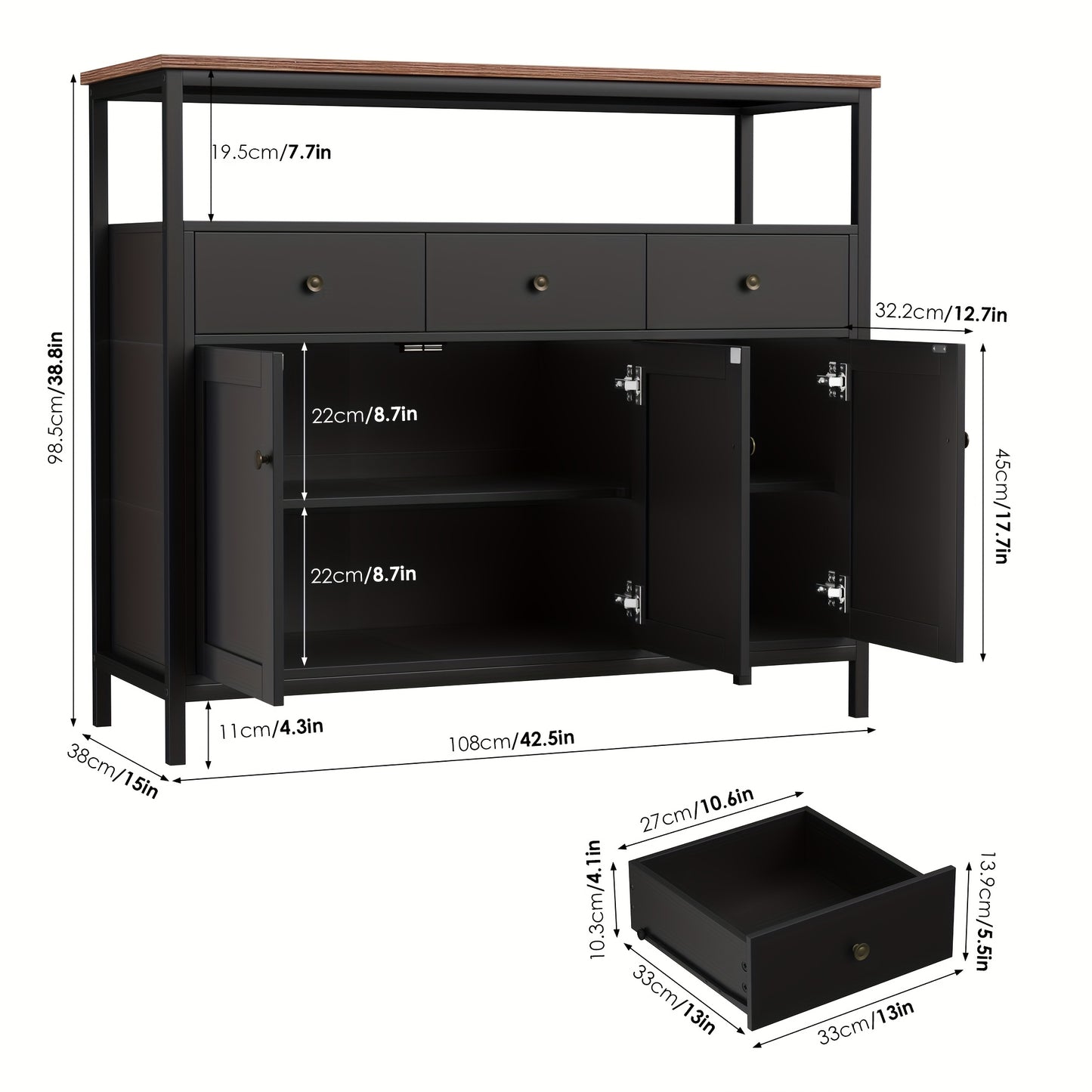 Kast – Opbergkast – Dressoir – Sideboard – Zwarte Vrijstaande Kast – Ruime Opbergruimte Met 3 Deuren & 3 Lades – Duurzaam Spaanplaat Met Metalen Poten