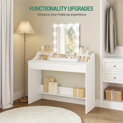 Modern White Jewelry Storage Cabinet with LED Lighting, 108cm, Adjustable Brightness, Dressing Table with Mirror, 2 Drawers & 3 Open Compartments, Wooden, Polished Finish, European Standard Plug, 220-240V, Jewelry Armoires - QUORE