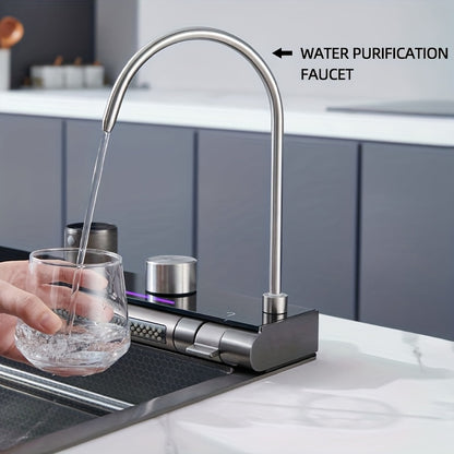 Keukenspoelbak – Spoelbak – Gootsteen – Wastafel – Wasbak – Roestvrij Staal Gunmetal Grijs – 75x45 cm – Enkele Kom – Digitale Waterdisplay – Uittrekbare Kraan – Inclusief Snijplank & Koppenwasfunctie