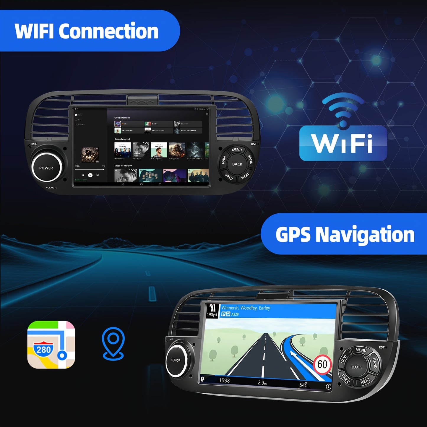 Multimedia Autoradio – 2 DIN Radio – Auto Stereo – Touchscreen Navigatie – Fiat 500 Autoradio 2007-2015 – 7-Inch HD Scherm – Android 14 Systeem