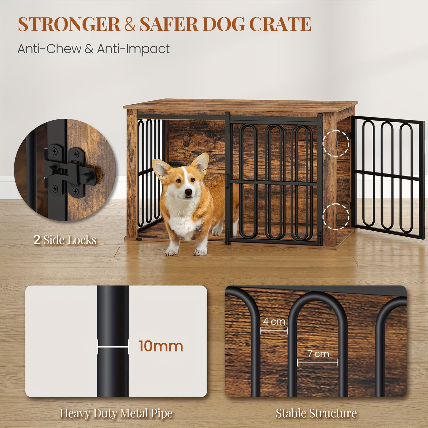 Hondenkennel – Hondenbench – Hondenkooi – Hondenren – Huisdierkooi – Hout – Dubbele Deuren Met Schuifmechanisme – Ruimtebesparend Design – Voor Kleine en Middelgrote Honden – Waterbestendig Spaanplaat – 60×100×62,4 cm – Bruin/Wit