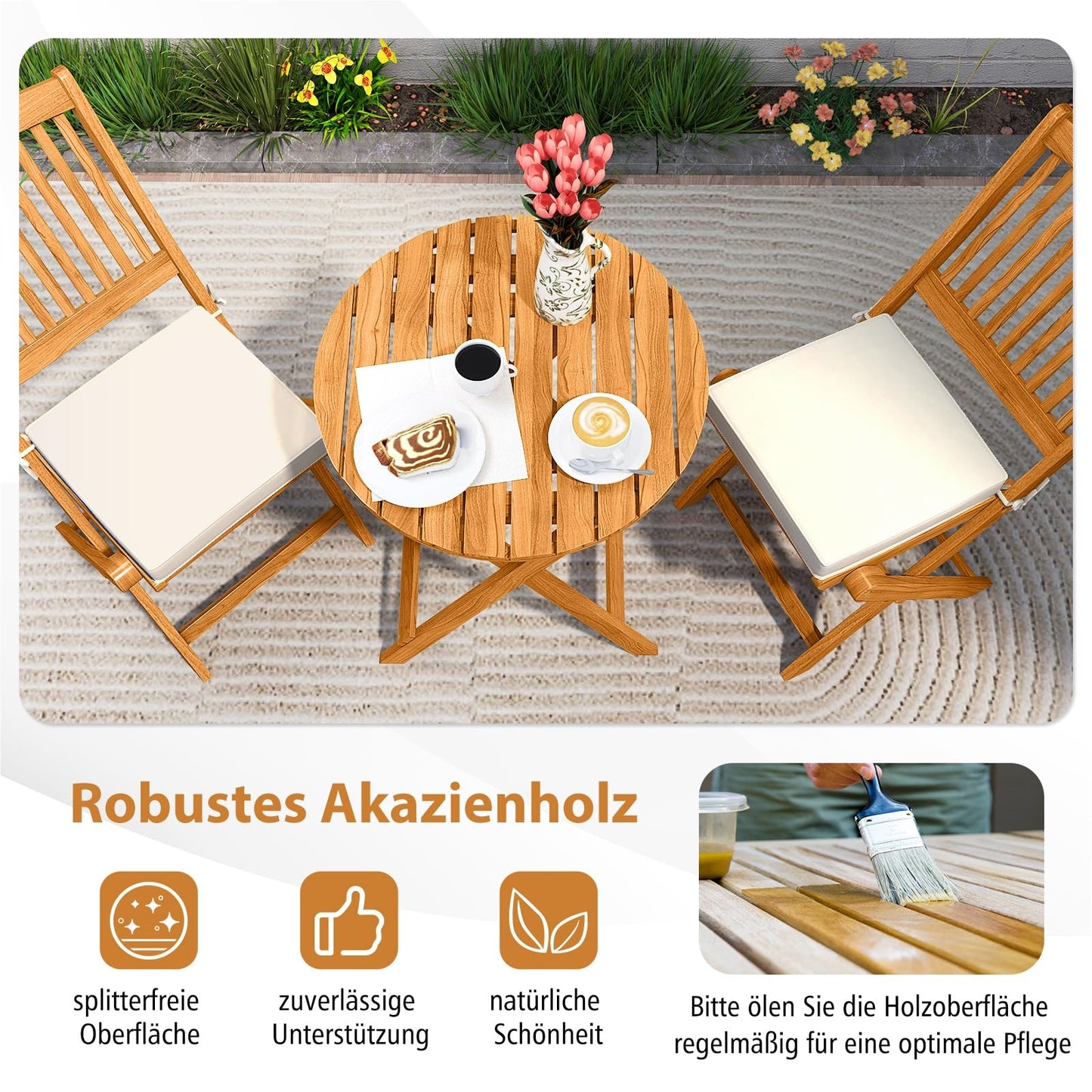 Balkonset – Bistroset – Tuinset – Loungeset – Diningset – 3-delig Inklapbaar – Duurzaam Acaciahout Met Kussens