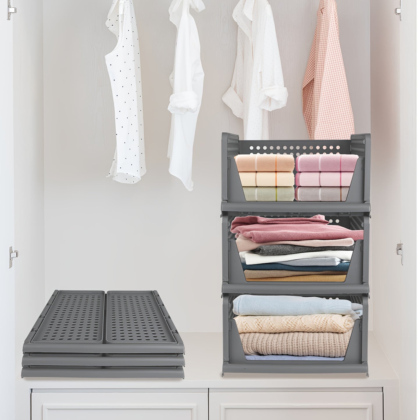 Opbergmanden – Opbergboxen – Opbergbakken – Kastmanden – Stapelbare Mand – Stevig Kunststof – Inklapbaar 18 cm Hoog – Set Van 3