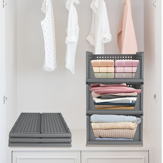 3pcs Stackable Closet Organizer Boxes - Heavy-Duty Foldable Plastic Storage Baskets with Sturdy Frame, Space-Saving Clothes Organizer for Wardrobe, Laundry Room, Under-Bed Storage, Bathroom, Kitchen - Modern Home Organization