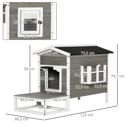 Kattenhuis Tuinhuisje Kattenhuisje Kattenhut Kattenverblijf – Grijs – Verhoogd Met Waterdichte Houten Terras – Afmetingen 115x66,5x74,7 cm