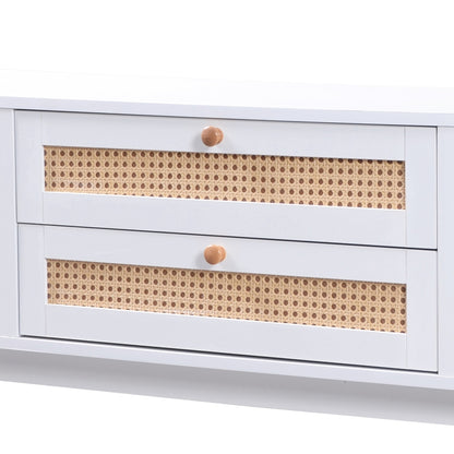 Rustic Modern TV Stand with Doors & Drawers - Solid Wood-Like, Rattan-Side Doors, Sturdy Metal-Free, Natural Wood-Look for Furniture - Easy Assembly (Compatible with TVs & Media Players)
