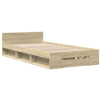 Bed – Bedframe – Platformbed – Eenpersoonsbed – Opbergbed – Ingebouwde Opberglades – Ruimtebesparend Design – Sonoma Eiken Afwerking – Geschikt Voor Matras 90x190 cm