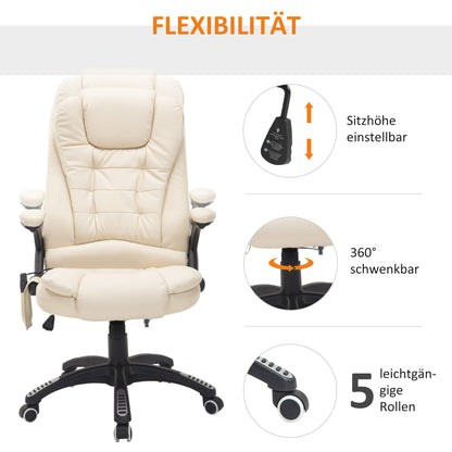 Ergonomische Bureaustoel – Kantoormeubel – Werkstoel – Massagestoel – Comfortstoel – Crème Wit – Massage- en Verwarmingsfunctie – Verstelbare Hoogte en Kantelfunctie