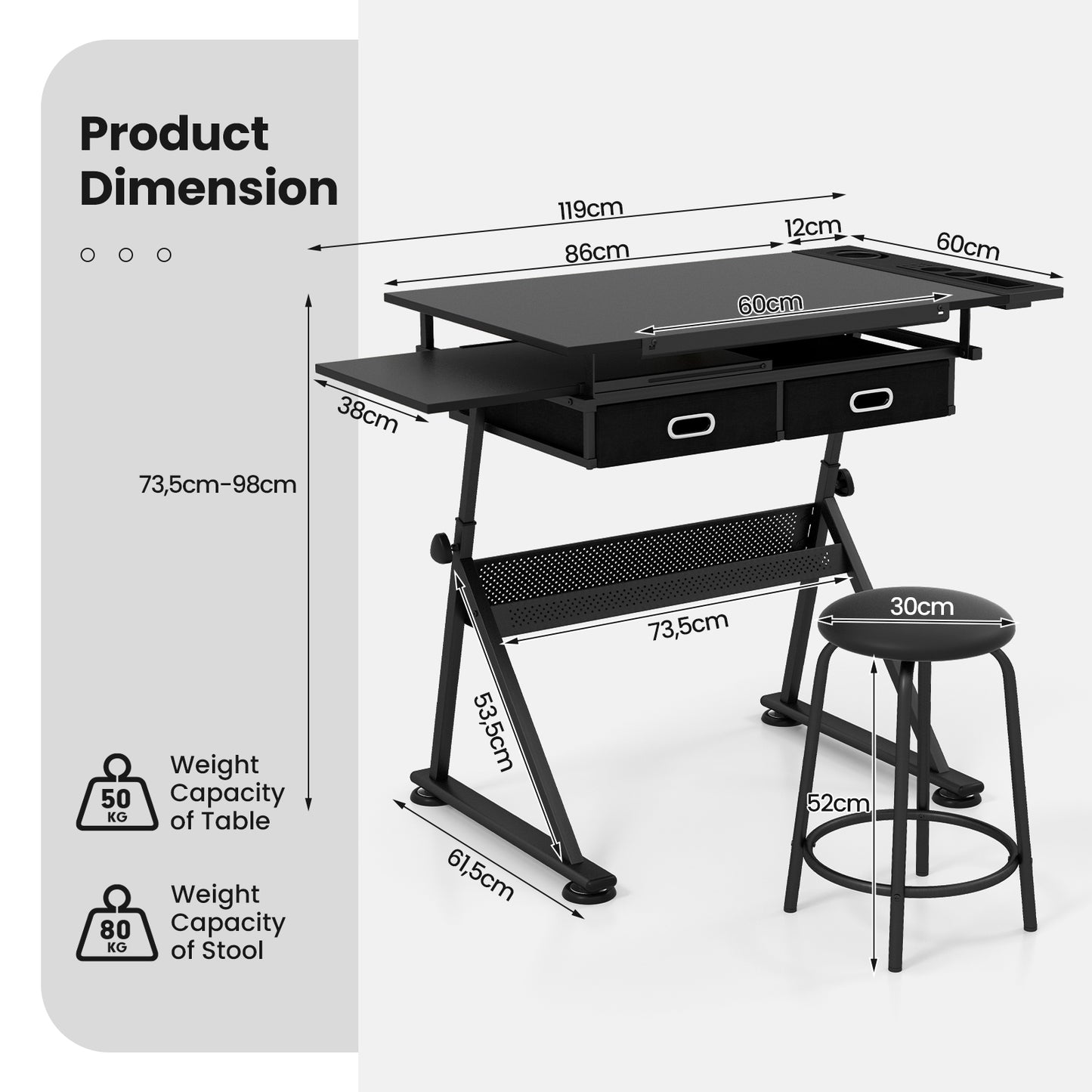 Tekentafel – Tekenbord – Tekentafel Met Kruk – Tekentafel Verstelbaar – Bureau – Verstelbare Hoogte 73,5-98 cm – Kantelbaar Tafelblad 0-60°