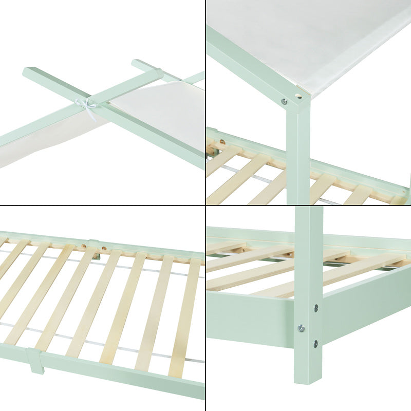 Kinderbed Huisbed – Bedhuisje – Kids Bed – Speelbed – Jongensbed – Mintgroen – 90 x 200 cm – Massief Dennenhout – Afneembaar Stoffen Dak